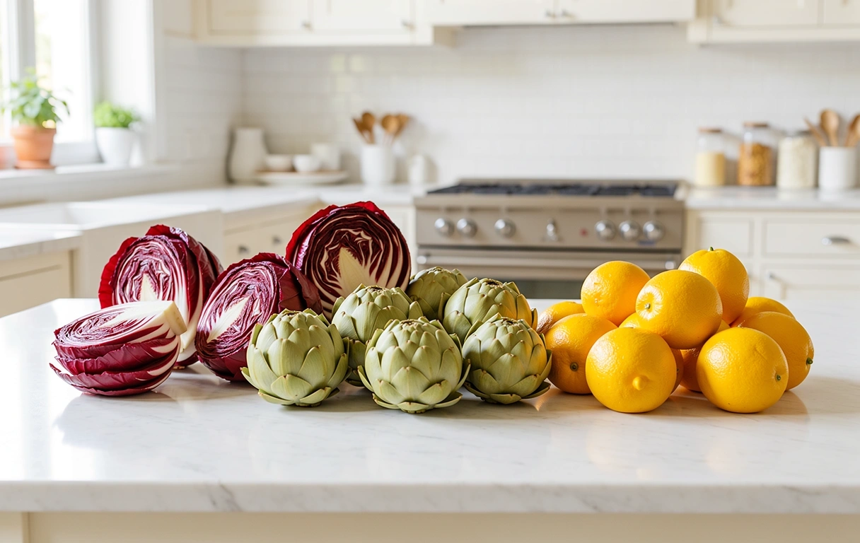 Fresh Italian produce on a sunlit counter